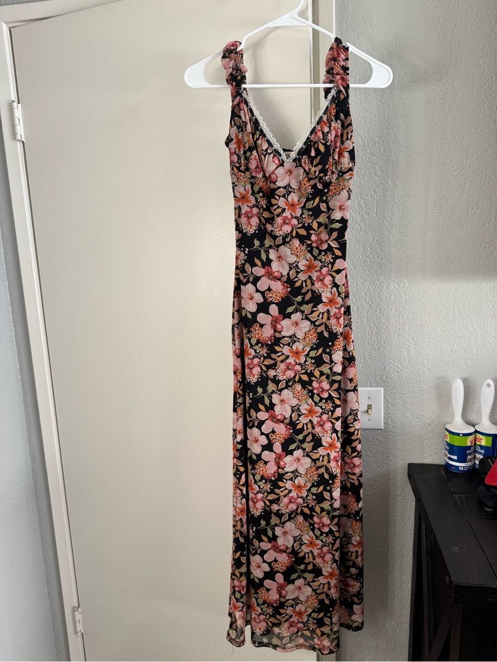 Liberty Love Black Floral Maxi Dress with Pink and Peach Flowers
